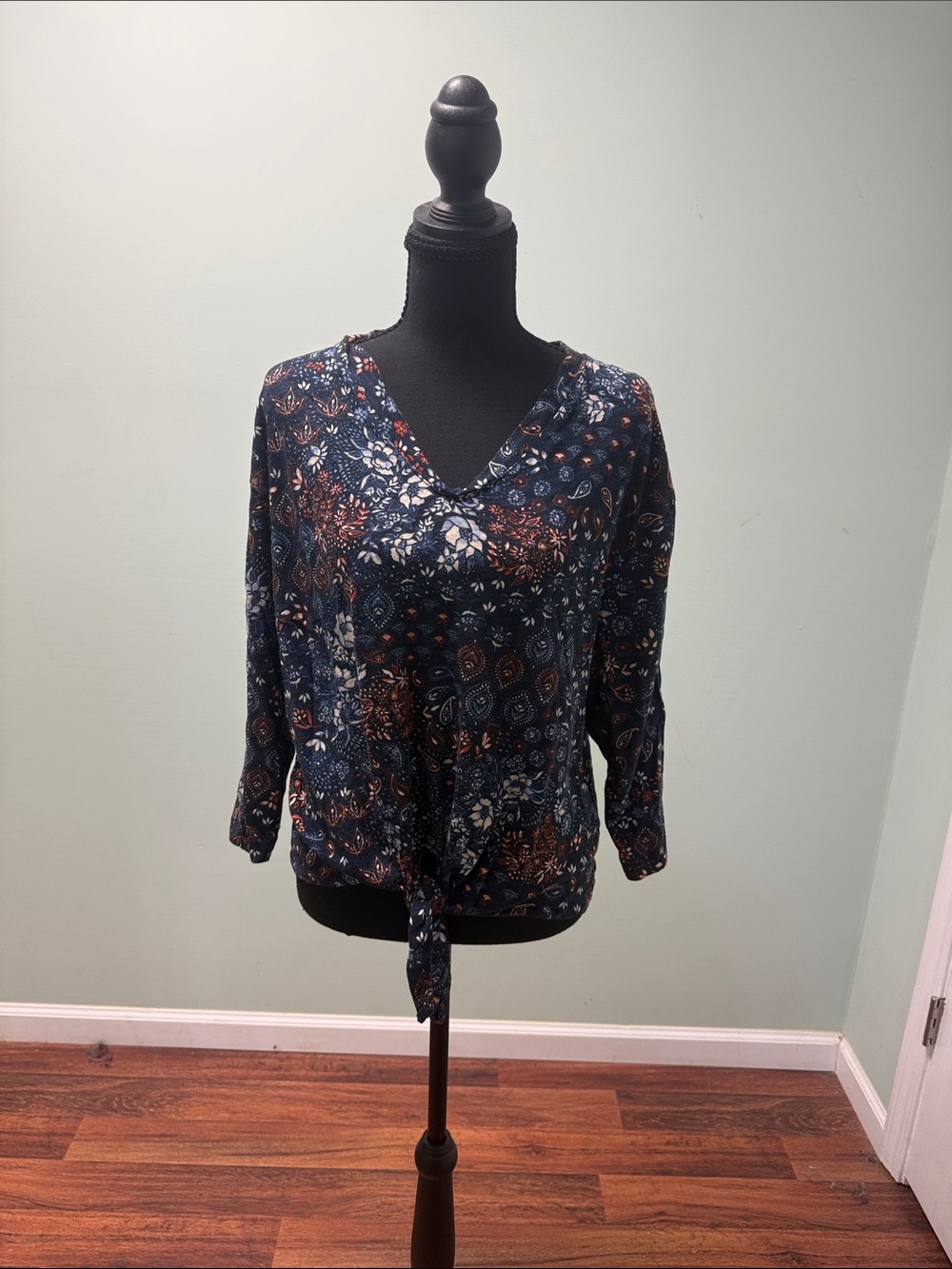 Skye's the Limit Navy Floral-Paisley V-Neck Tie-Front Blouse